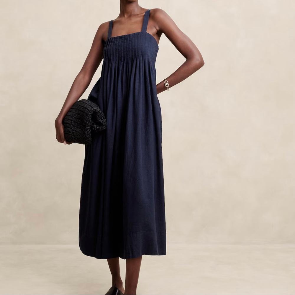 NWT Bananna Republic Factory Linen-Blend Drapey Midi Dress - Navy - XSP
